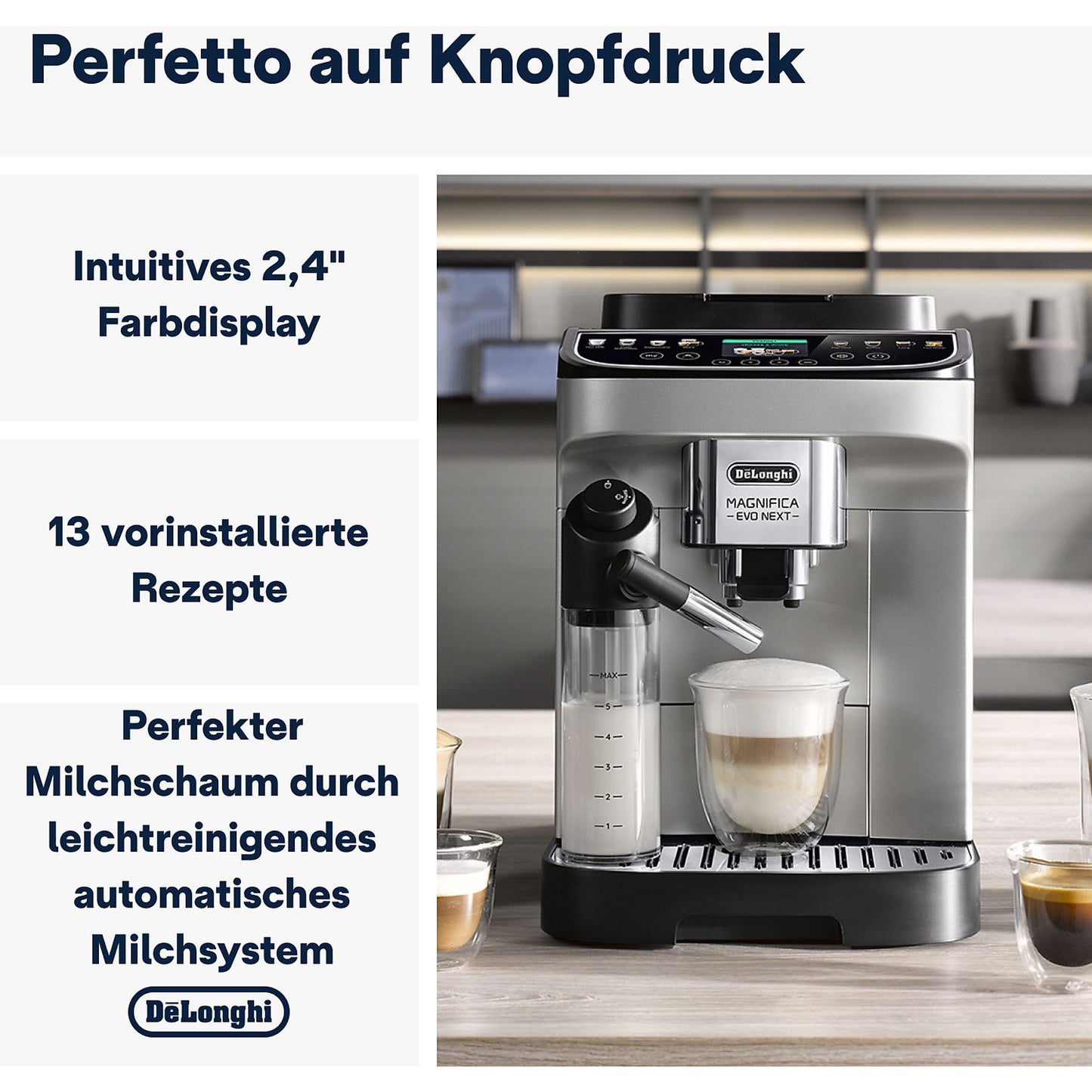 De'Longhl Magnifica Evo Next ECAM310.80.SB - 13 Rezepte, 3 Benutzerprofile, einfache Bedienung, Kaffeevollautomat Silber/Schwarz
